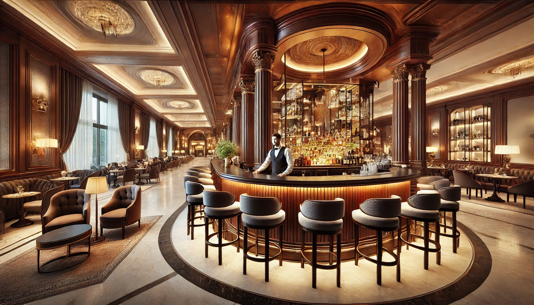 A luxurious 5-star hotel lobby, featuring an elegant Italian bar with rich wooden decor, plush seating, and soft ambient lighting. A stylish Italian bartender is seen working, while the upscale environment reflects the high-end nature of the hotel. The setting exudes sophistication and exclusivity, with details like chandeliers, polished floors, and a grand reception area visible in the background.