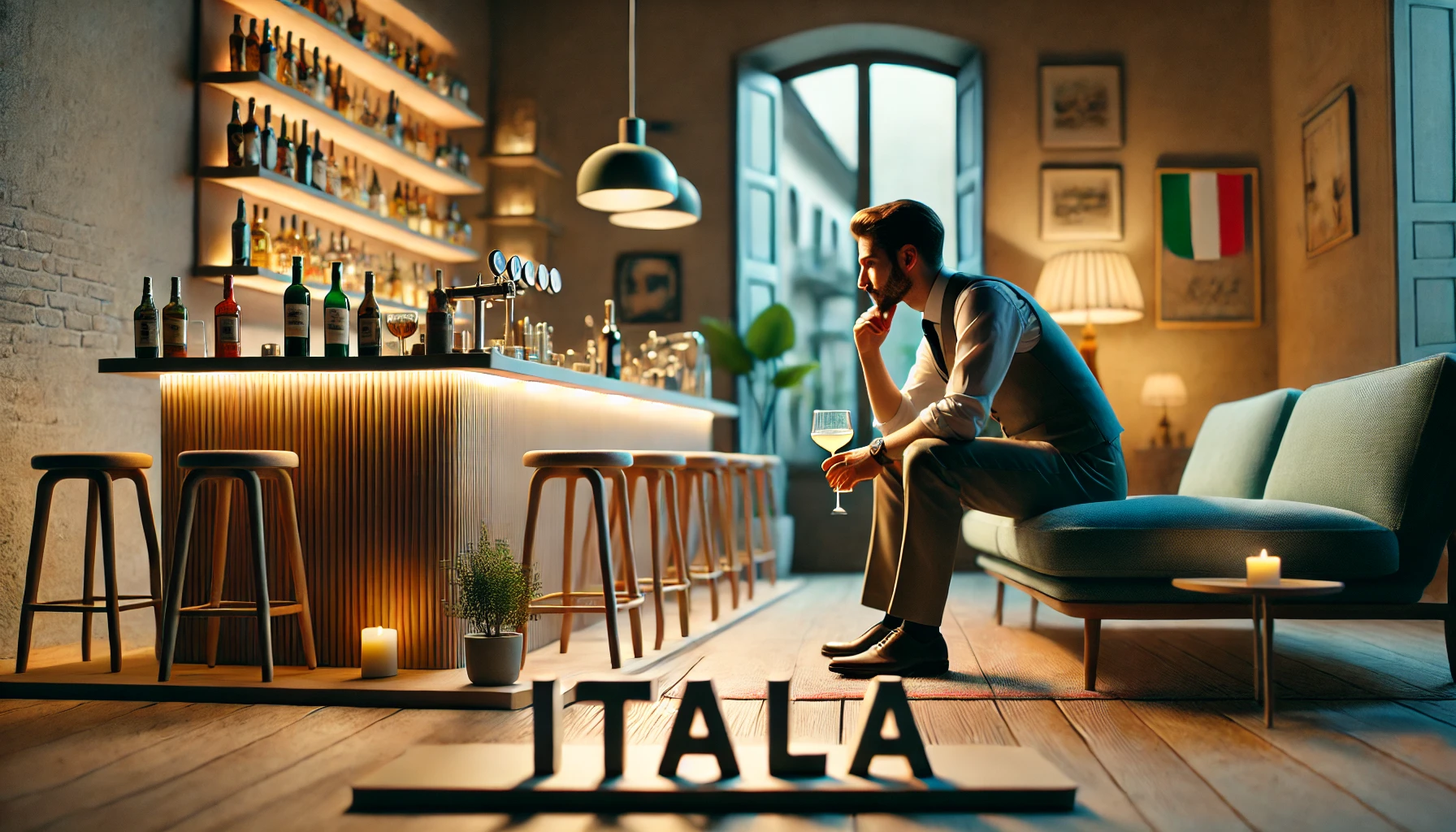 A scene focusing on an Italian bartender's private life, showing a serene, private home environment in Italy with a cozy, minimalist interior. The bartender is enjoying a quiet moment, reflecting their focus on privacy and a more secluded life away from the public eye. The setting includes soft lighting, modern furniture, and a calming ambiance.