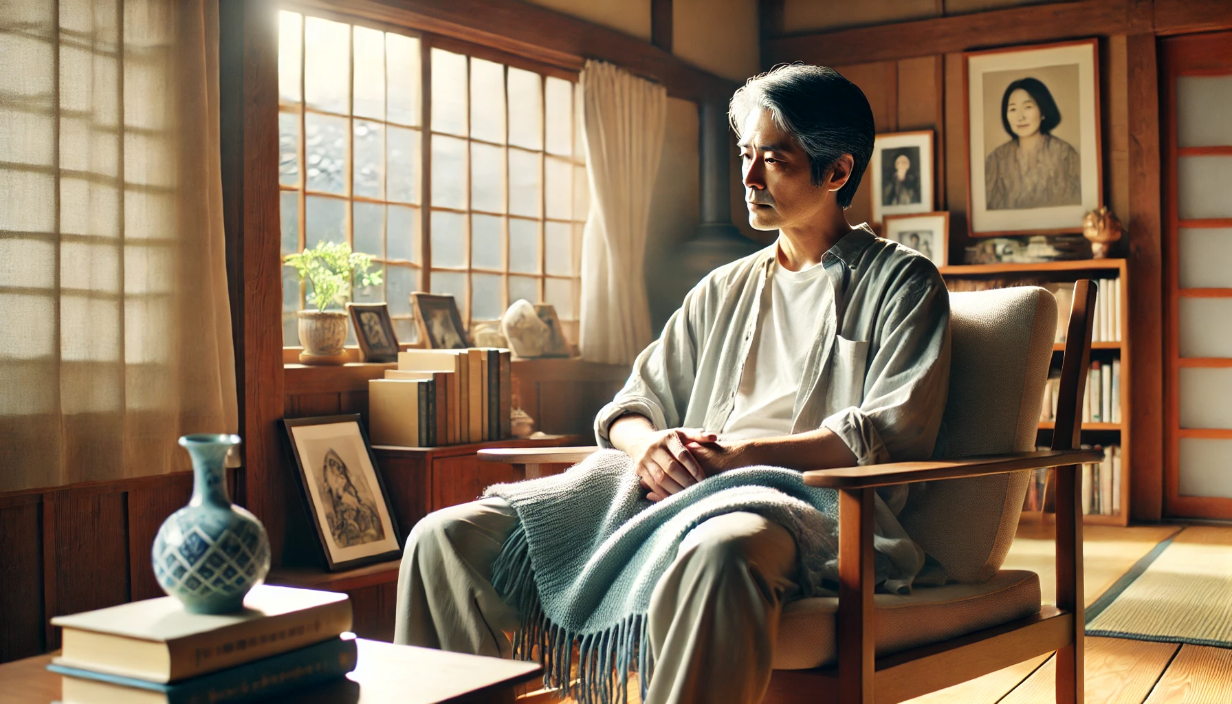 A calm scene showing a Japanese father resting at home during a period of recovery. The man is older, seated in a comfortable chair, dressed casually in light clothing. The background shows a peaceful room with traditional wooden elements, sunlight filtering through the window, and family photographs on the shelf. The atmosphere is serene, with a sense of quiet reflection and healing, as the father is surrounded by books and soft blankets.