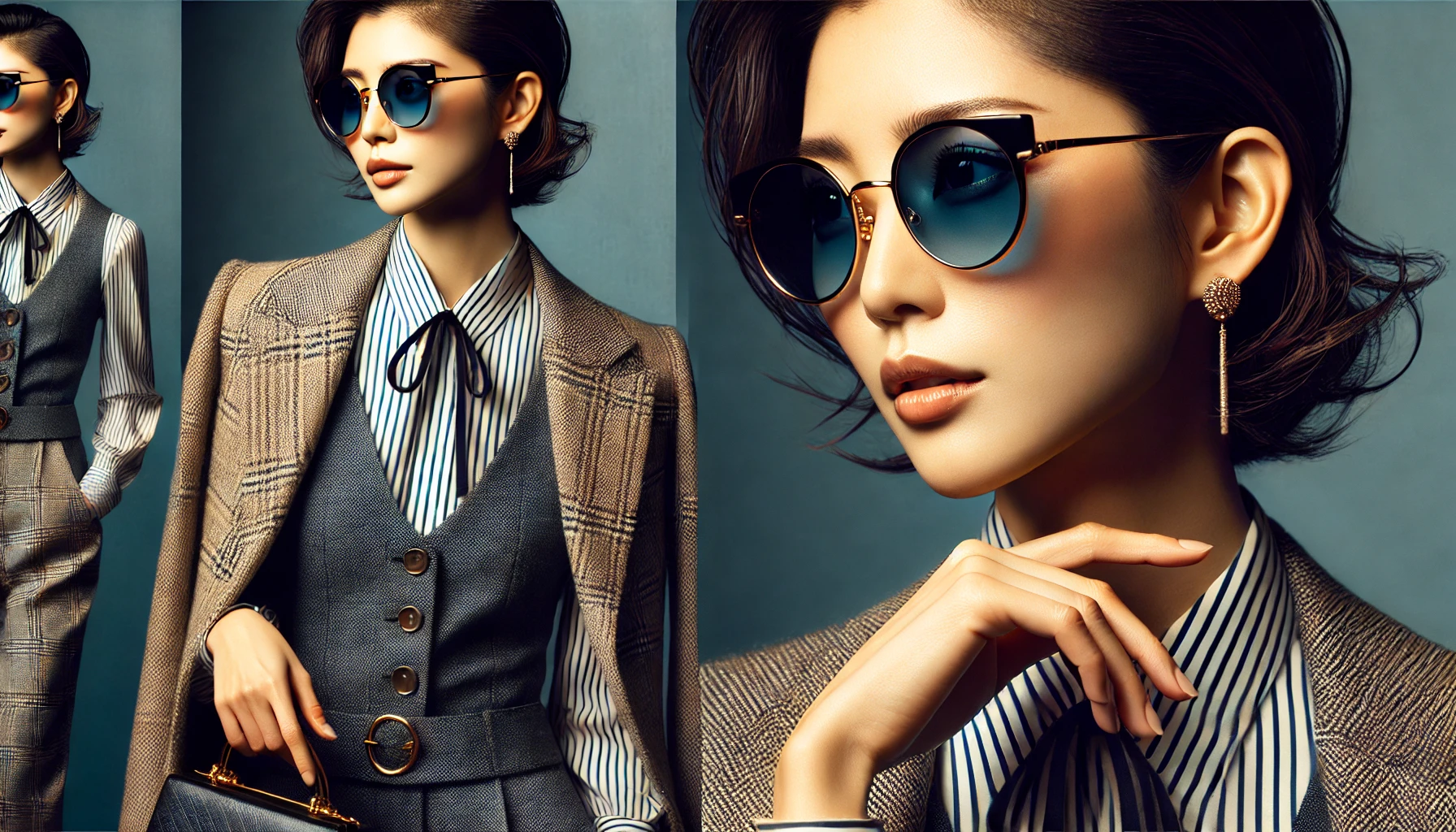 An elegant Japanese female celebrity pairing fashionable sunglasses with an upscale outfit, reflecting the fusion of luxury fashion and style, inspired by personalities like Kyoko Kano. The look combines sophistication with trendiness, showcasing the sunglasses as part of a complete fashionable ensemble. Image is horizontal (16:9).