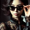 An elegant Japanese female celebrity wearing sunglasses that create a mysterious and glamorous look, inspired by styles of Kyoko Kano. The sunglasses add a touch of allure, with the celebrity's face partially hidden to suggest an air of intrigue. Image is horizontal (16:9).