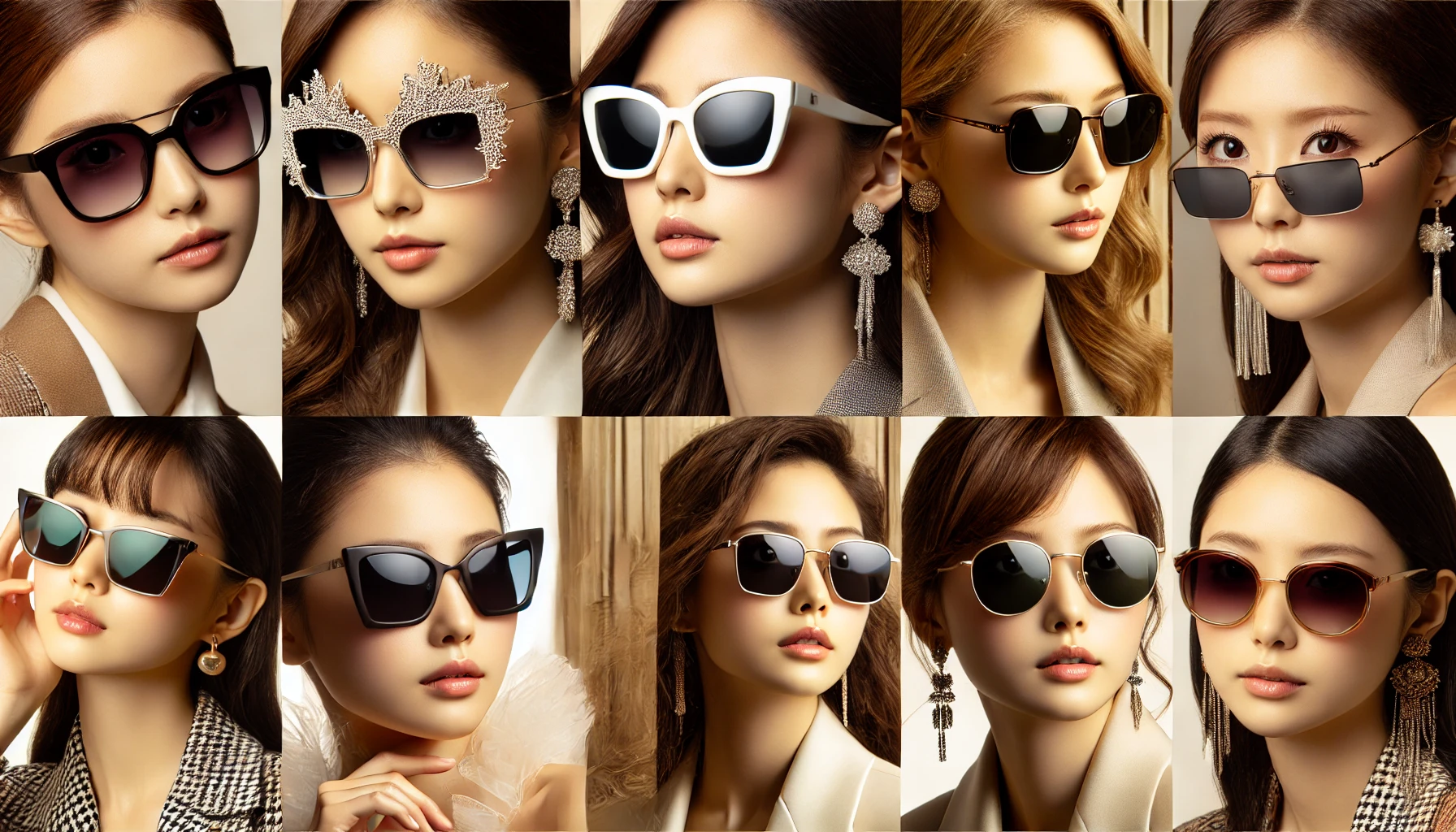 Various types of sunglasses worn by elegant Japanese female celebrities, reflecting styles of sophistication and glamour, suitable for a luxurious and chic look. The sunglasses range from large, glamorous frames to sleek, minimalist designs. Image is horizontal (16:9).