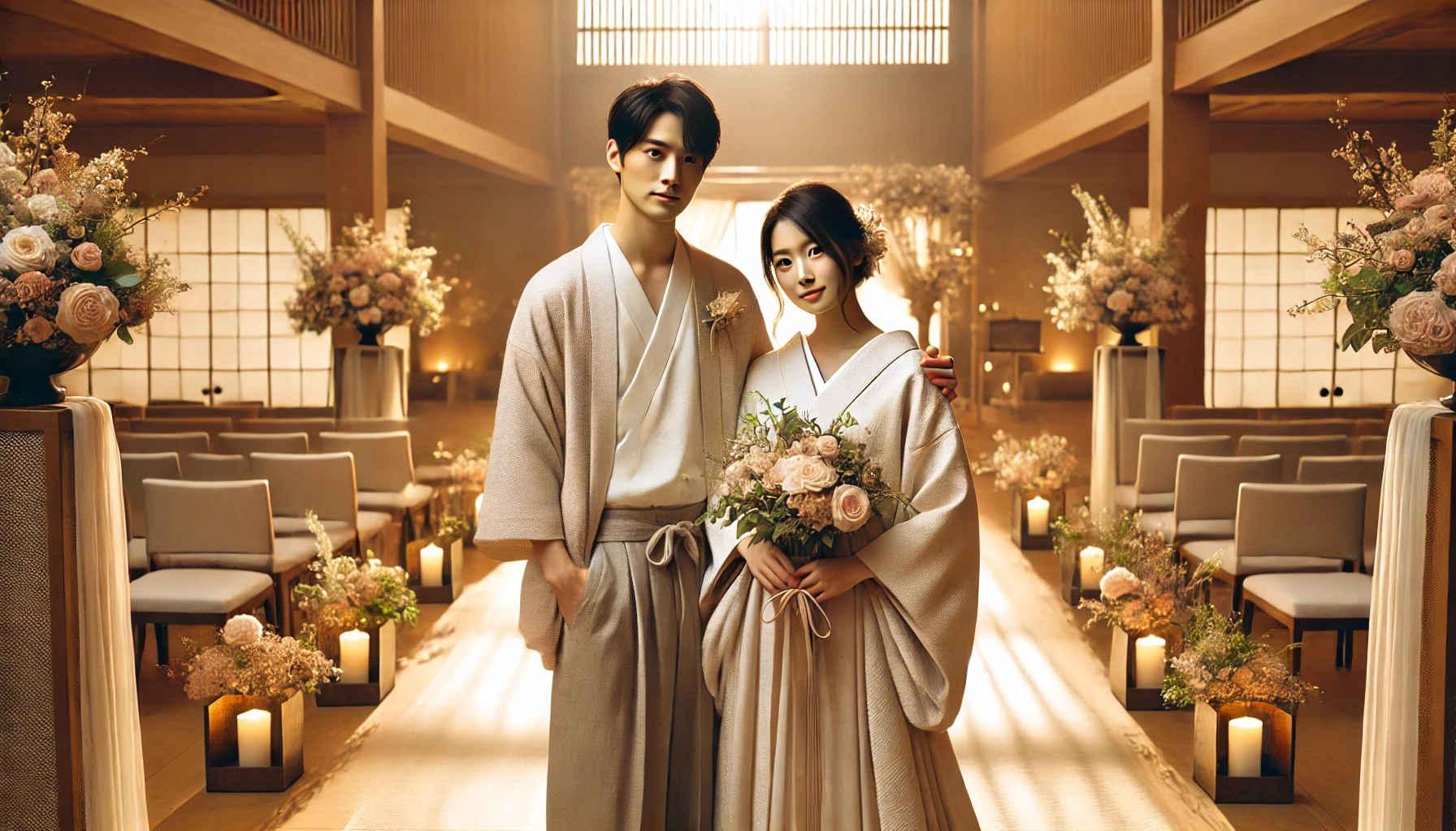 A beautiful Japanese couple wedding inspired by the style of Ueto Aya and HIRO. The couple stands in a serene, modern Japanese wedding hall with soft natural lighting, elegant floral arrangements, and traditional wedding decor. The atmosphere is warm and joyful, capturing a stylish and intimate wedding moment. 16:9 aspect ratio.