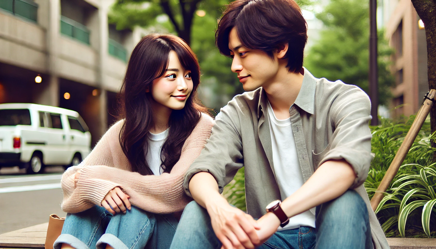 A Japanese couple enjoying a casual and relaxed moment, inspired by the style of Ueto Aya and HIRO's love story. They are outside, perhaps in a beautiful garden or quiet city park, reflecting the beginning of their relationship. The scene is soft, with natural colors, and highlights the warmth and subtle connection between them. 16:9 aspect ratio.