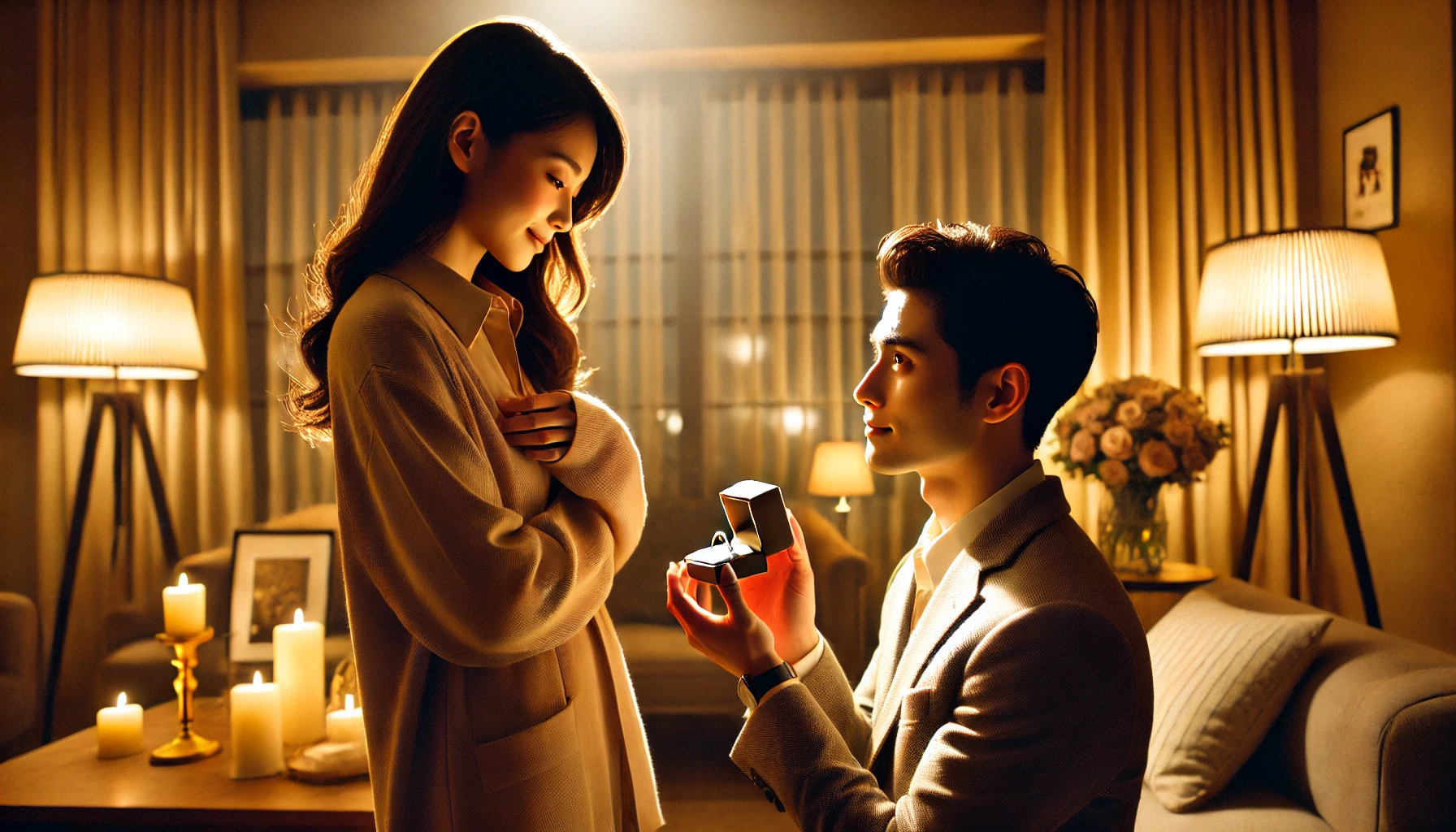 A romantic Japanese couple engagement scene, inspired by Ueto Aya and HIRO's proposal. The man presents a ring to his partner in a cozy, elegant indoor setting with warm lighting. The atmosphere is intimate, highlighting the love and sincerity of the proposal. The background features soft, minimalistic decor with a modern Japanese touch. 16:9 aspect ratio.