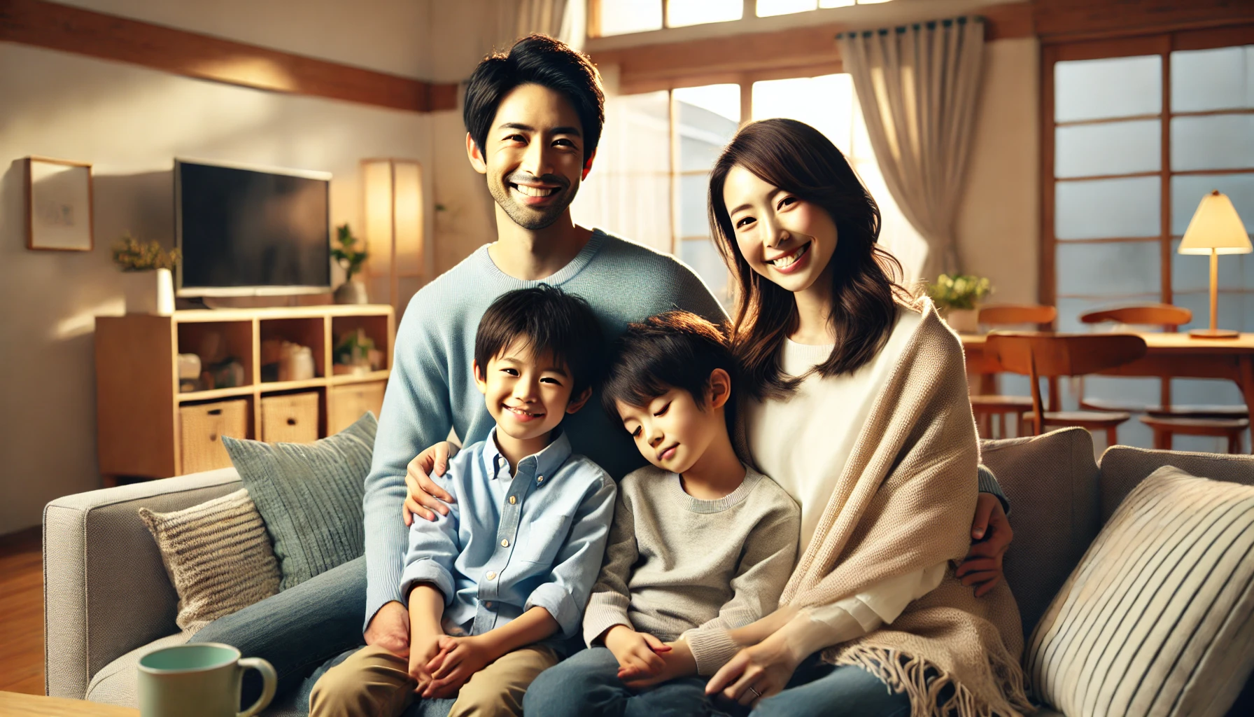 A Japanese family scene inspired by Ueto Aya and HIRO's life after marriage. The couple is with their children in a cozy, modern Japanese home. They are enjoying a warm moment together, symbolizing family unity and happiness. The setting is minimalistic yet cozy, with natural lighting that highlights the family bond. 16:9 aspect ratio.