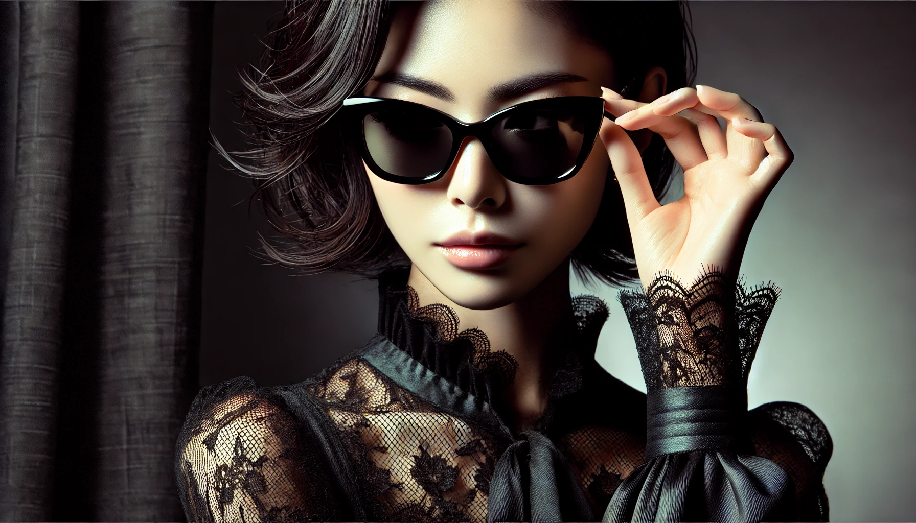 An elegant Japanese female celebrity wearing sunglasses that create a mysterious and glamorous look, inspired by styles of Kyoko Kano. The sunglasses add a touch of allure, with the celebrity's face partially hidden to suggest an air of intrigue. Image is horizontal (16:9).