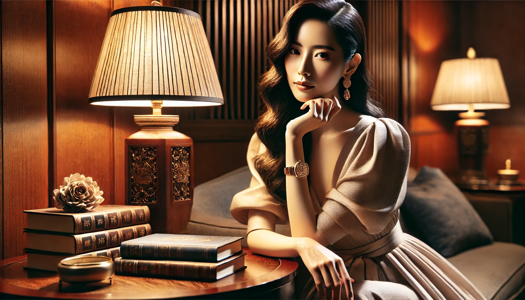 An elegant Japanese female celebrity sitting in a luxurious room, showcasing her love for books and philosophy, surrounded by rich wooden decor and a soft glowing lamp. The scene captures sophistication and an air of intellectual romance, realistic style, horizontal (16:9) format.