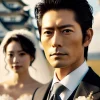 A portrait of a Japanese man with a strong, prominent face similar to a celebrity, in formal wedding attire, with a serene and proud expression, standing beside his wife. The background shows a picturesque outdoor scene. The focus is on the man with the bride slightly blurred in the background, emphasizing the strength of his face.