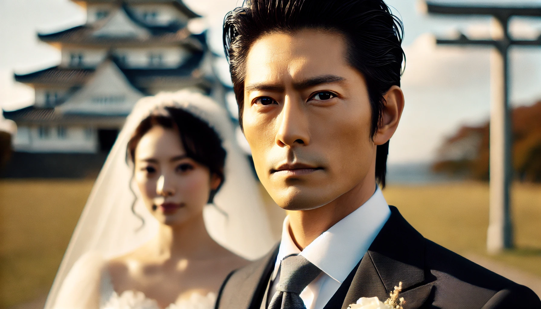 A portrait of a Japanese man with a strong, prominent face similar to a celebrity, in formal wedding attire, with a serene and proud expression, standing beside his wife. The background shows a picturesque outdoor scene. The focus is on the man with the bride slightly blurred in the background, emphasizing the strength of his face.