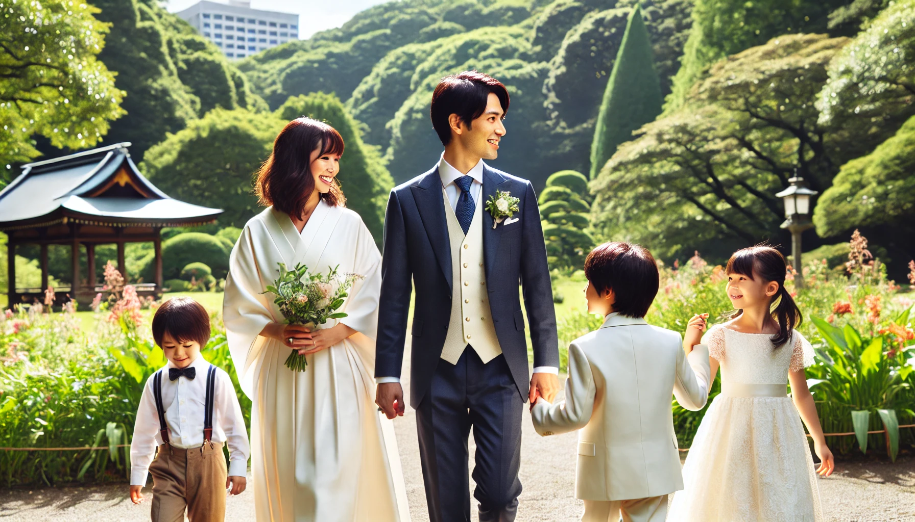 A Japanese family walking in a beautiful park, with the family members' backs visible. The father, a man in formal wedding attire, is walking with his wife and children. They are smiling and holding hands, with the background showing green trees and a peaceful atmosphere.