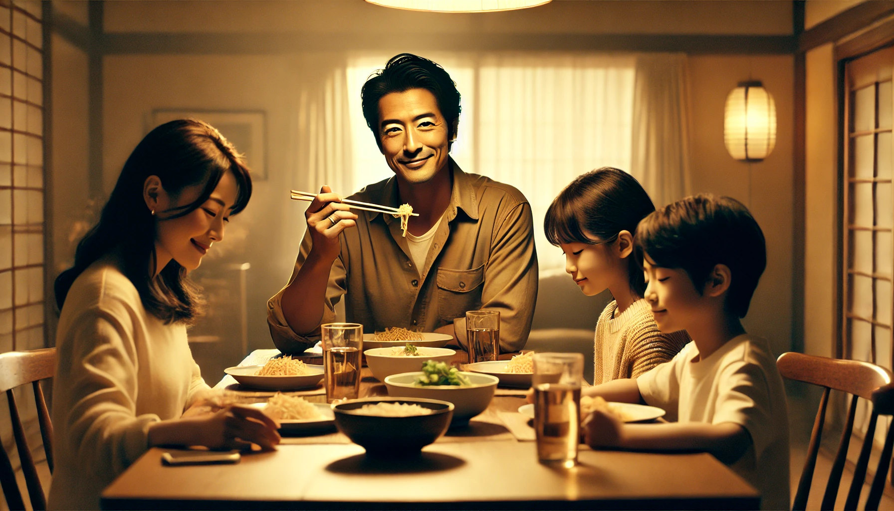 A serene scene of a Japanese man and his family sitting at a dining table. The father, who is a celebrity with a strong, prominent face, is enjoying a quiet meal with his wife and children. The setting has a cozy, intimate atmosphere, with the family sharing smiles and enjoying each other’s company. The background is soft and warm, giving a sense of privacy and togetherness.