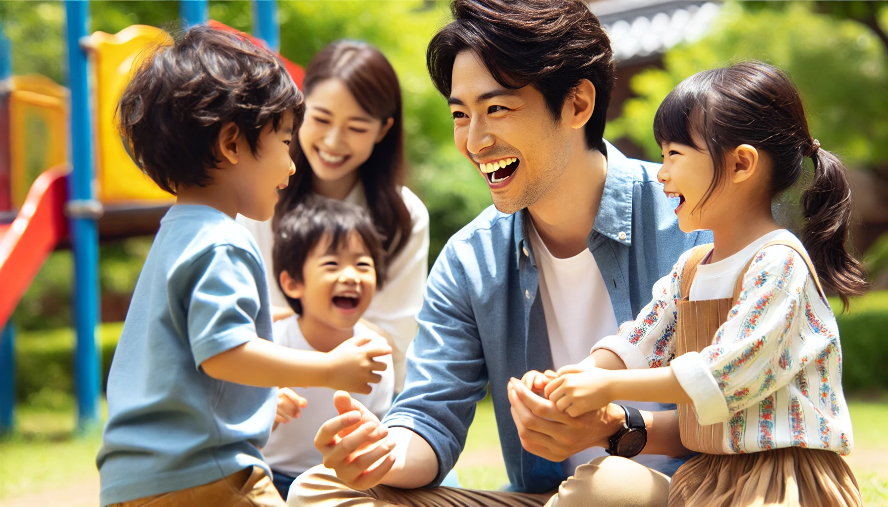 A Japanese father and his children playing in a park, with the father actively engaging with his kids in a playful manner. The father is showing a loving and attentive demeanor, while his children are laughing and enjoying the moment. The setting is vibrant and joyful, with the family having fun outdoors. The scene reflects a strong bond and family-focused attitude.