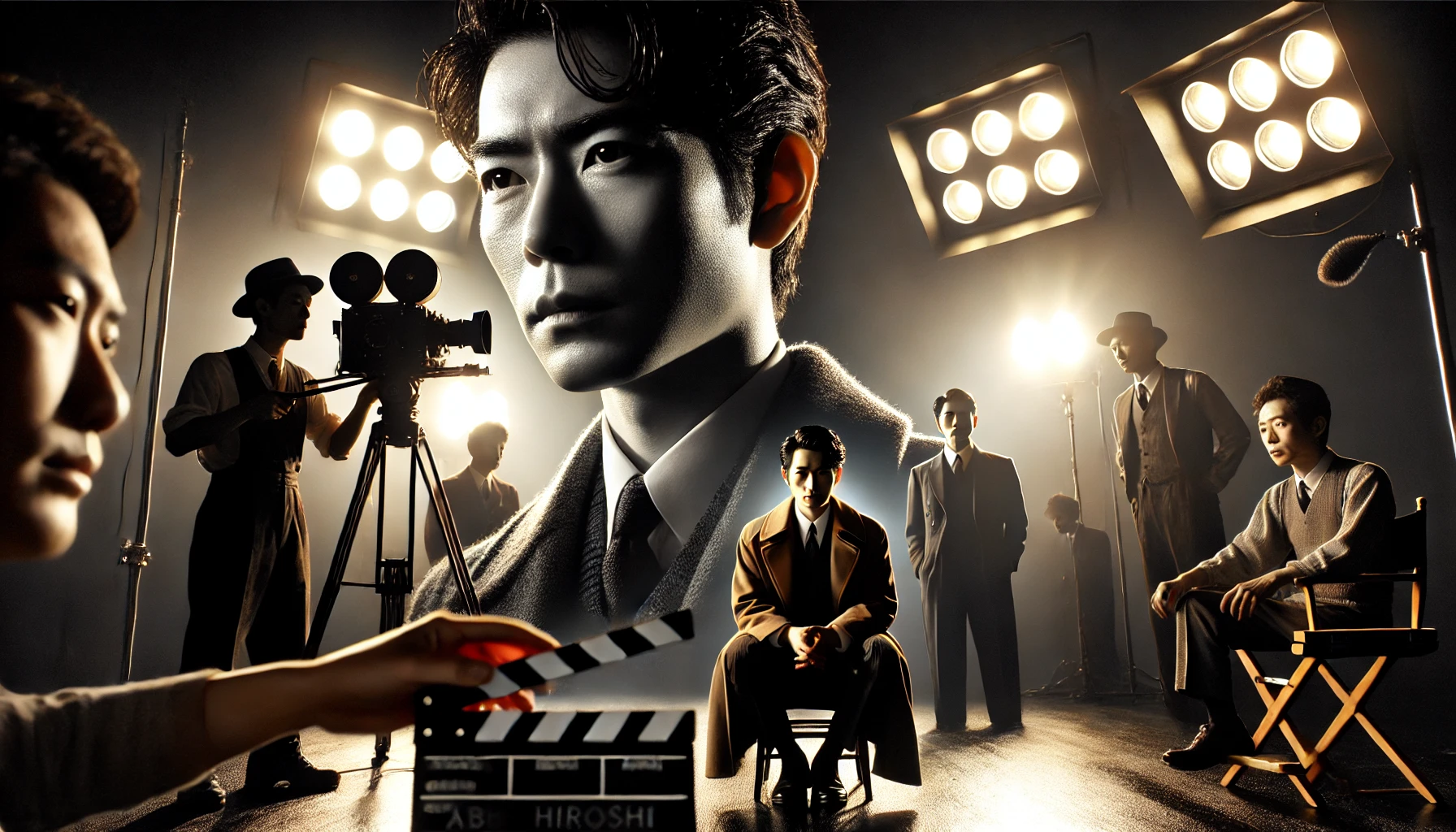 A dramatic portrayal of Japanese actor Abe Hiroshi during a pivotal moment in his acting career. The setting reflects a film or stage backdrop, with lighting emphasizing his strong presence and expressive features. The composition captures his transition from modeling to acting success. Horizontal layout (16:9).