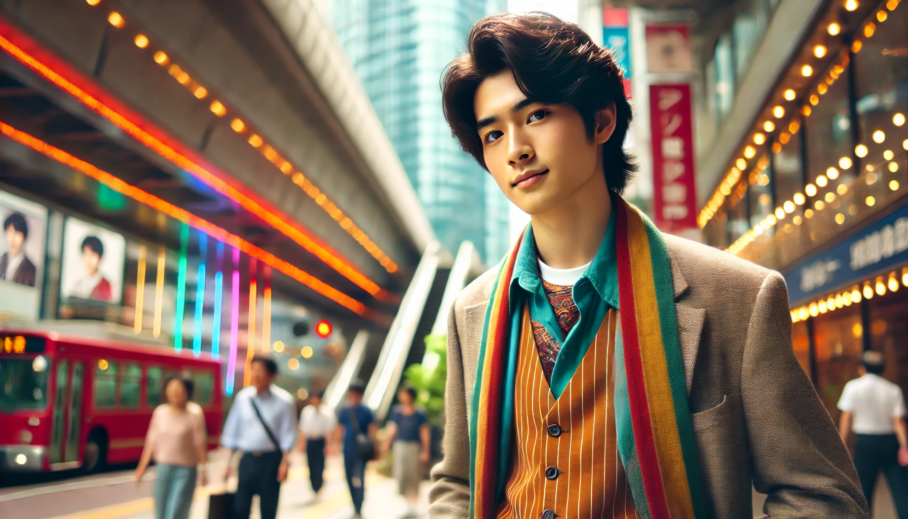 A charming scene of Japanese actor Abe Hiroshi during his peak modeling years, standing confidently in a vibrant and stylish urban setting. His outfit reflects 1980s fashion, and the image highlights his unique blend of Japanese and international appeal. Horizontal layout (16:9).