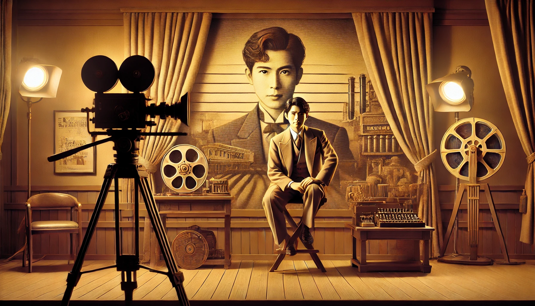 An elegant depiction of Japanese actor Abe Hiroshi during the late 1980s, portraying his debut period in the entertainment industry. The setting features a retro film set or a dramatic scene with vintage aesthetics, emphasizing his tall figure and expressive demeanor. Horizontal layout (16:9).