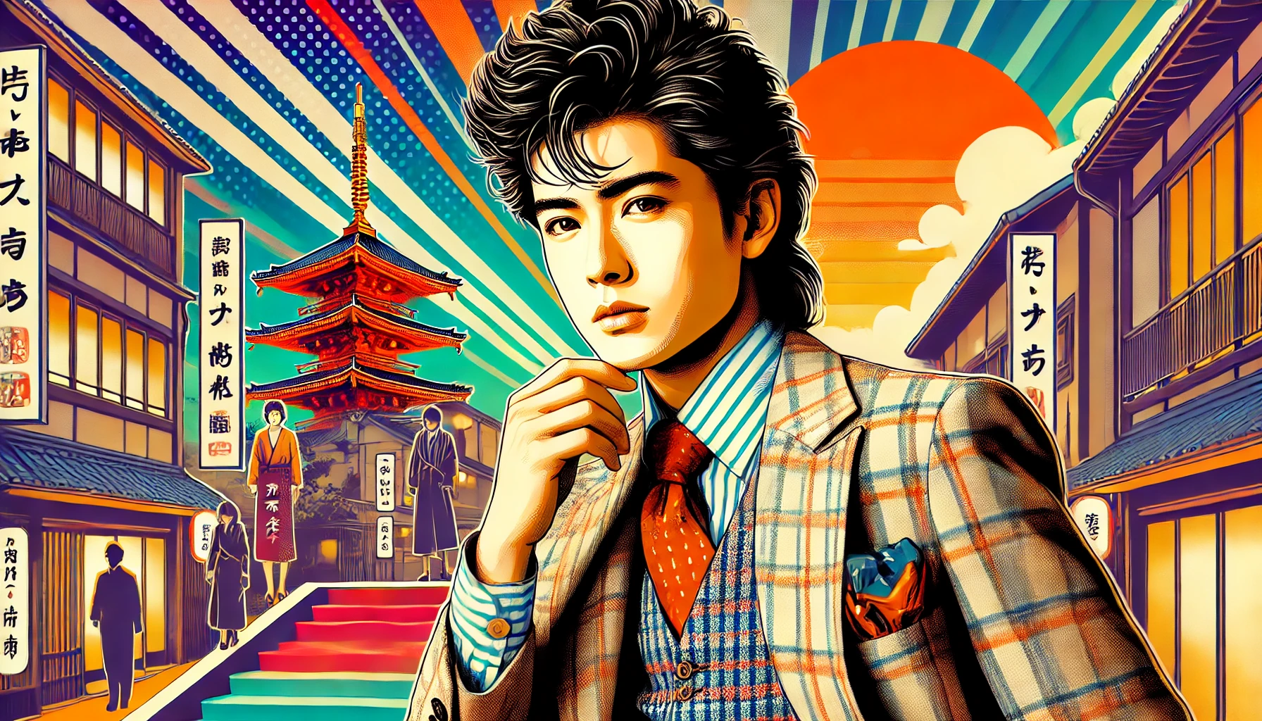 A visually striking illustration capturing the essence of Japanese actor Abe Hiroshi during his youthful modeling days, set in a vibrant and stylish 1980s Tokyo background. He is dressed in fashionable attire of the era, showcasing his high stature and handsome features. The image should have an energetic and nostalgic vibe, emphasizing Abe's charisma and elegance. Horizontal layout (16:9).