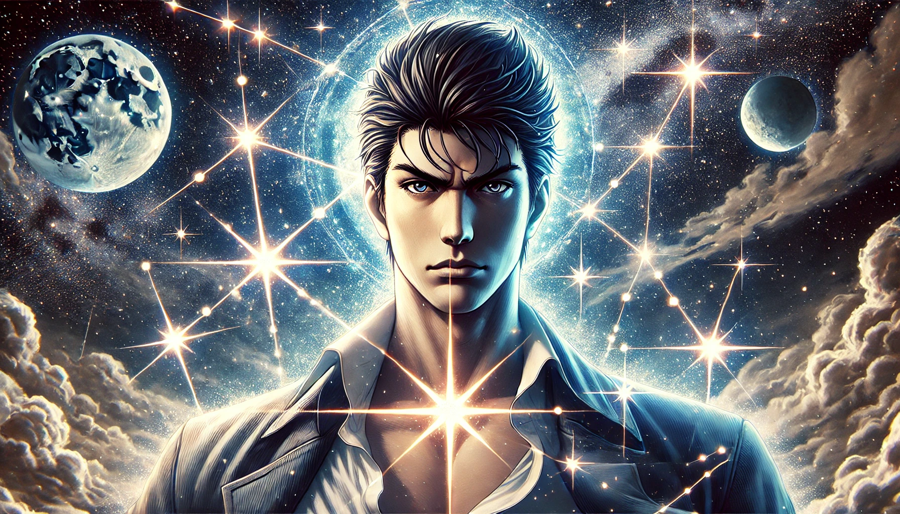 A Japanese actor with an intense expression, surrounded by a cosmic aura that mimics the shape of the Big Dipper constellation. The stars should glow brightly, reflecting a heroic, anime-inspired atmosphere. The character should exude a sense of celestial strength and determination, with a mystical backdrop that blends cosmic energy and the stars.