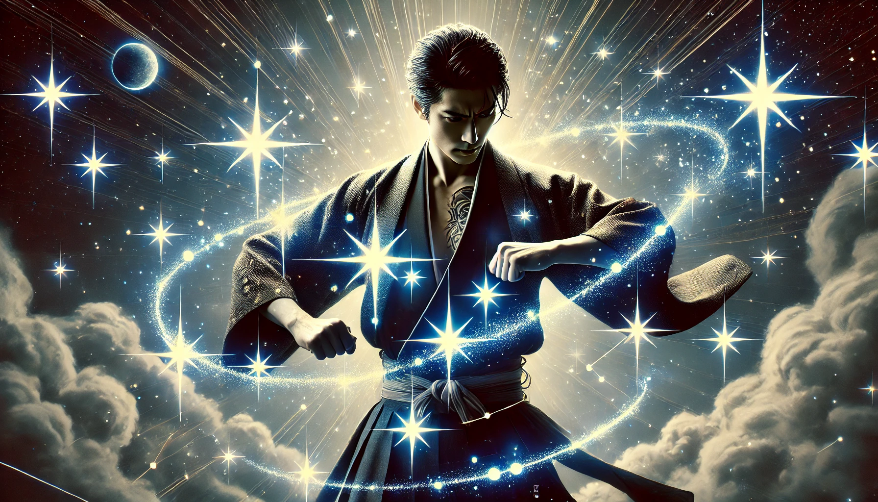 A Japanese actor with a strong and dynamic pose, standing among glowing stars that form the Big Dipper constellation. The character is surrounded by an anime-inspired, mystical aura with cosmic effects, emphasizing the connection between the actor and the stars. The atmosphere should evoke power, mystery, and celestial strength.