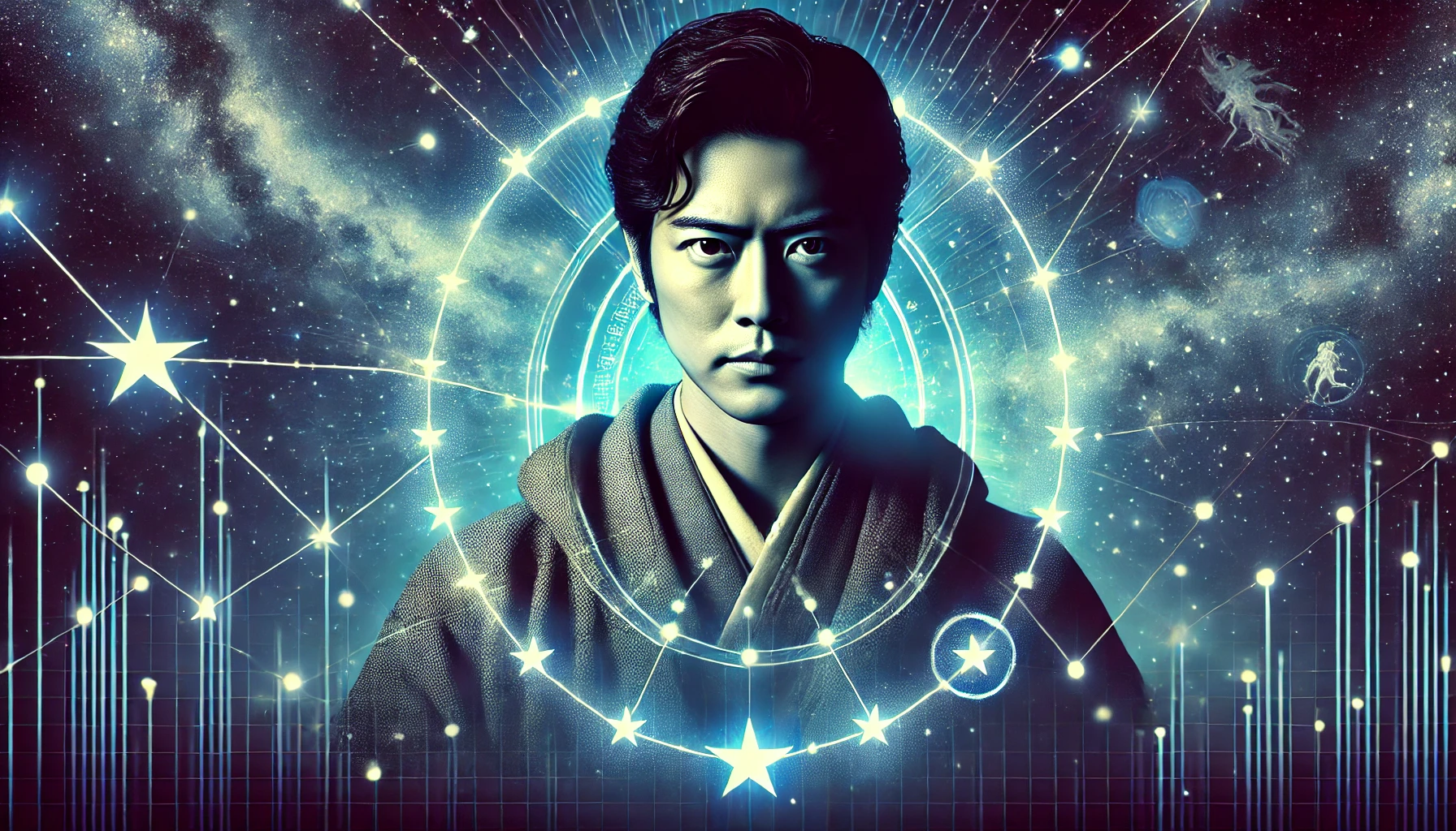 A visual representation of a Japanese actor, resembling a heroic figure, connected to the Big Dipper constellation, with a celestial background featuring stars and a cosmic theme. The person should have an aura of power and wisdom, symbolizing the connection between the actor and the stars. The image should be dynamic and futuristic, reflecting both the actor's charisma and the mystique of the stars.