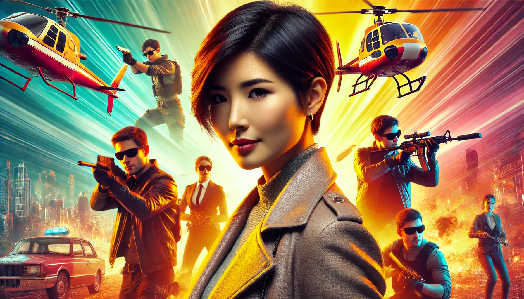 A female con artist dressed as a hero in a popular movie series, with an adventurous look, set against a vibrant, action-packed movie scene background. The scene should be cinematic, capturing the essence of a thrilling heist movie. The woman is of Japanese descent, with short hair and a confident expression, wearing a stylish and heroic outfit.