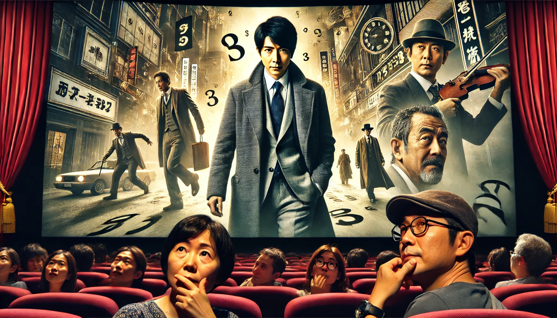 A dramatic and cinematic scene from a popular con artist movie showing the final moments in the credits. The credits feature a mysterious, intriguing appearance of a famous Japanese actor, Abe Hiroshi. The background shows dramatic scenes from the movie, with characters moving through a complex heist plot. Fans are seen looking perplexed, trying to figure out his small yet impactful role. The atmosphere should convey mystery and suspense.