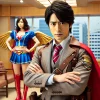 A male Japanese actor playing a role in a movie about a female con artist dressed as a hero. The actor is posing in a movie scene from a con artist themed movie, in a heroic outfit, with the female con artist in the background in the same heroic costume.