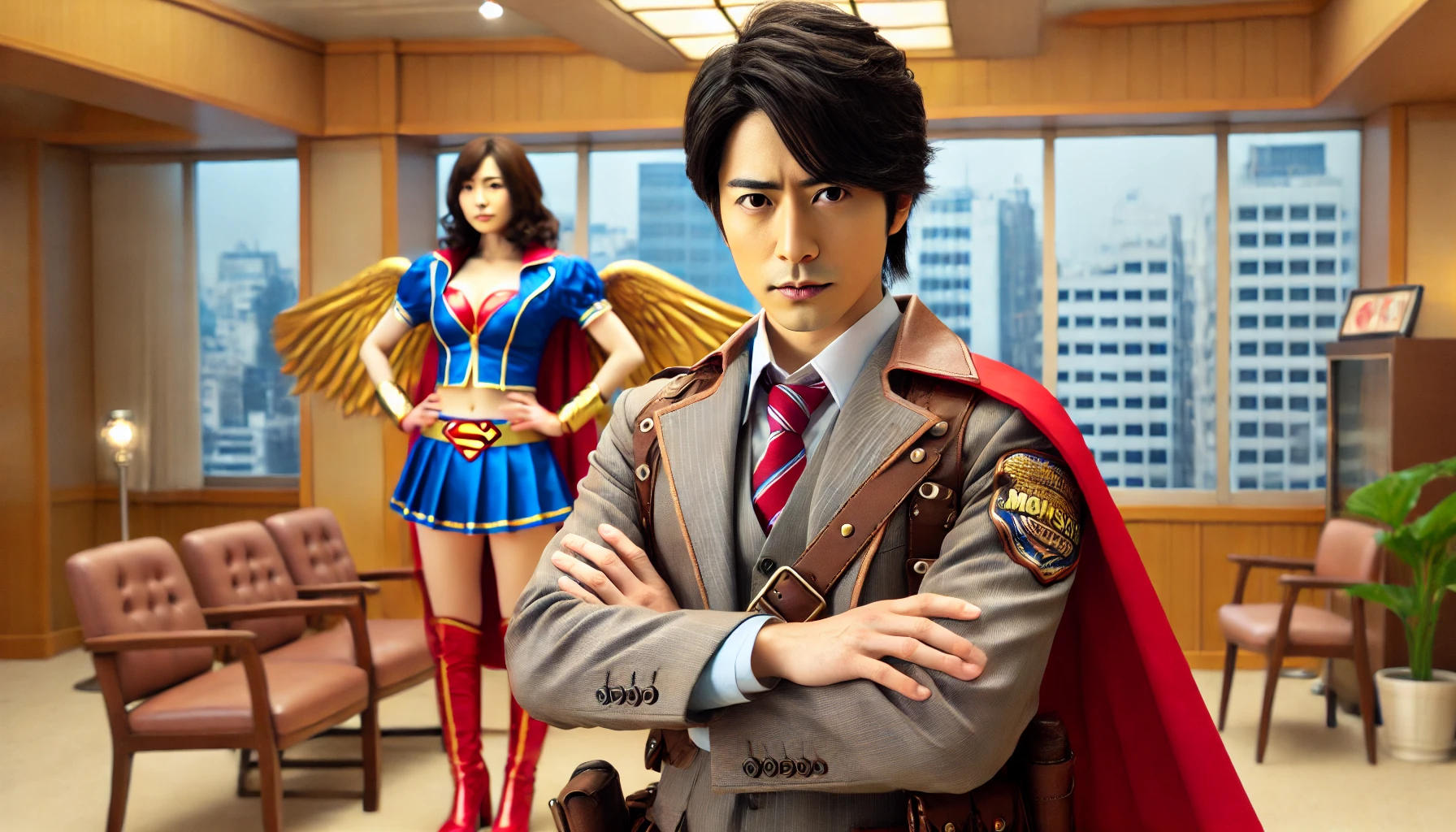 A male Japanese actor playing a role in a movie about a female con artist dressed as a hero. The actor is posing in a movie scene from a con artist themed movie, in a heroic outfit, with the female con artist in the background in the same heroic costume.