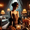 An elegant Japanese female celebrity in a mysterious evening setting, surrounded by romantic dim lighting and luxurious decor. The scene conveys her enigmatic charm, with a glamorous dress and subtle, sophisticated poses, realistic style, horizontal (16:9) format.