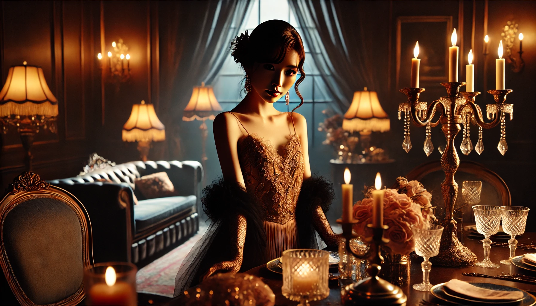 An elegant Japanese female celebrity in a mysterious evening setting, surrounded by romantic dim lighting and luxurious decor. The scene conveys her enigmatic charm, with a glamorous dress and subtle, sophisticated poses, realistic style, horizontal (16:9) format.