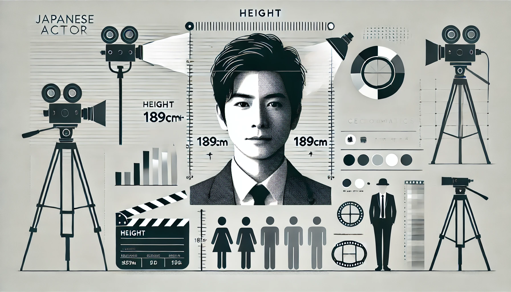 A detailed and visually appealing profile-style image of a Japanese actor, showcasing characteristics such as height (189cm+). The design incorporates a sleek, infographic-style layout with icons like a ruler, spotlight, and film elements. The background is minimalistic with light gradients, avoiding any specific person's likeness.