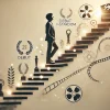 A symbolic and elegant image highlighting the growth of a Japanese actor from debut to stardom. The image features a stylized ladder or stairs with milestones like awards and film reels. The background is neutral and inspiring, using soft light effects and subtle textures without showing any identifiable person.