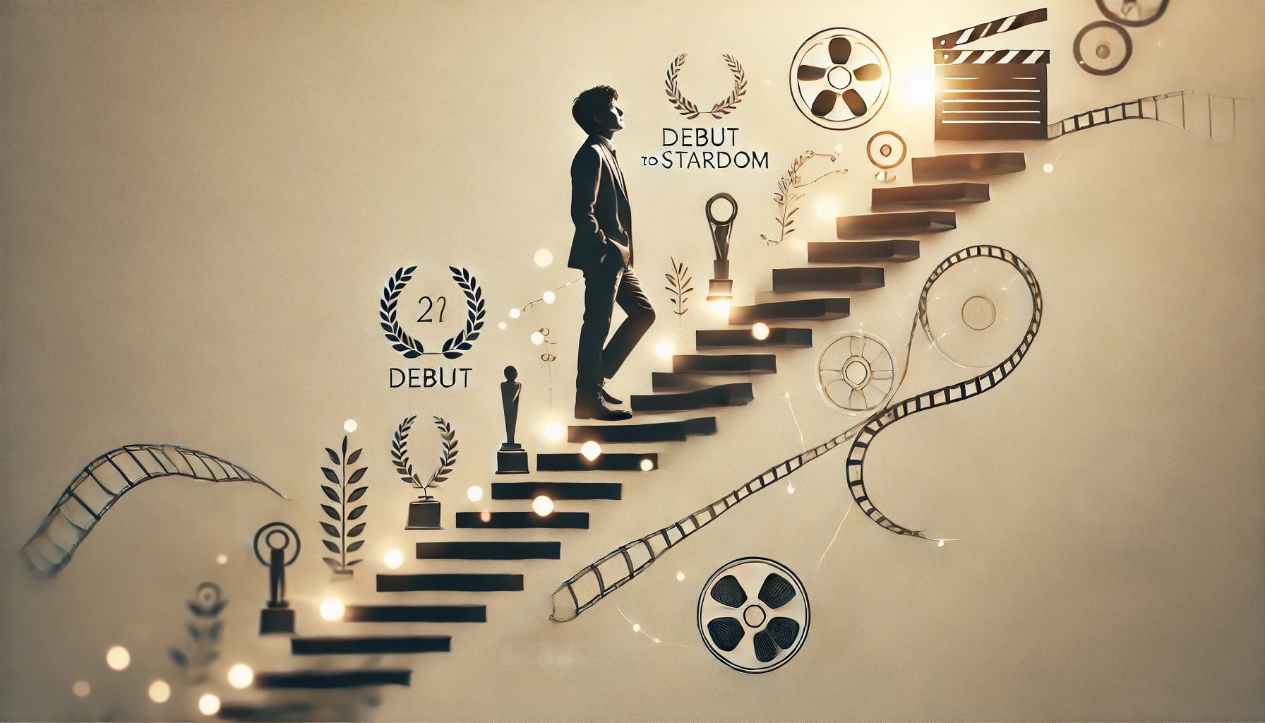 A symbolic and elegant image highlighting the growth of a Japanese actor from debut to stardom. The image features a stylized ladder or stairs with milestones like awards and film reels. The background is neutral and inspiring, using soft light effects and subtle textures without showing any identifiable person.