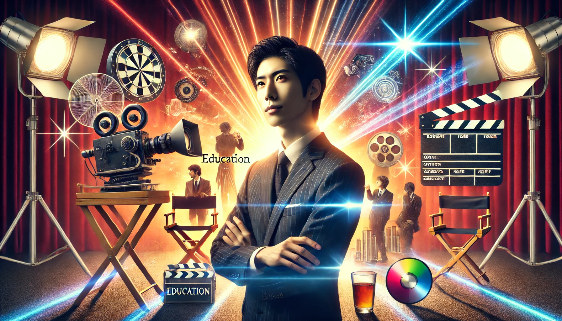 A cinematic and vibrant image representing a Japanese actor's leading roles in popular dramas and movies. The background showcases film set elements like a director's chair, clapperboard, and spotlight beams in a dramatic setting. Include subtle references to education and comedy without showing any specific person's likeness.