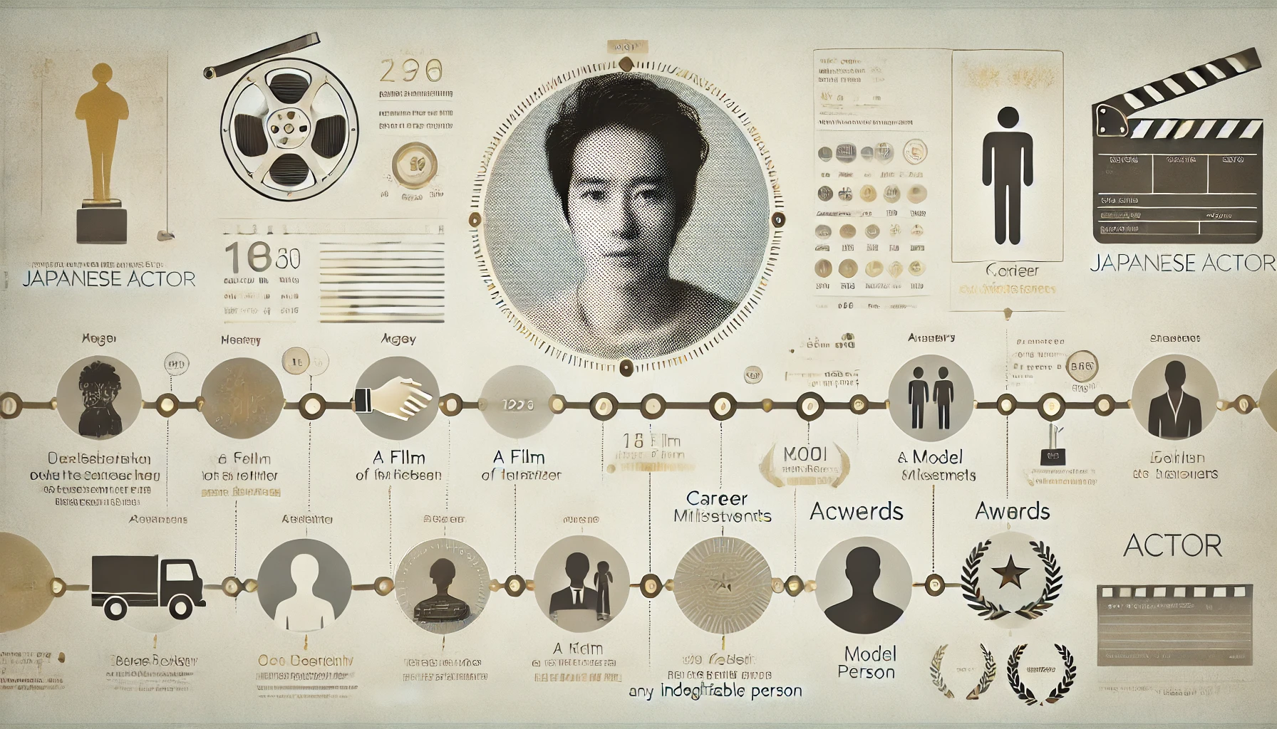 A visually engaging and modern infographic-style representation of a Japanese actor's age and career milestones. The image includes a timeline-like format with highlights of achievements, set against a clean, light-colored background with subtle patterns. Incorporate icons such as a film reel, a model silhouette, and awards, without showing any identifiable person.