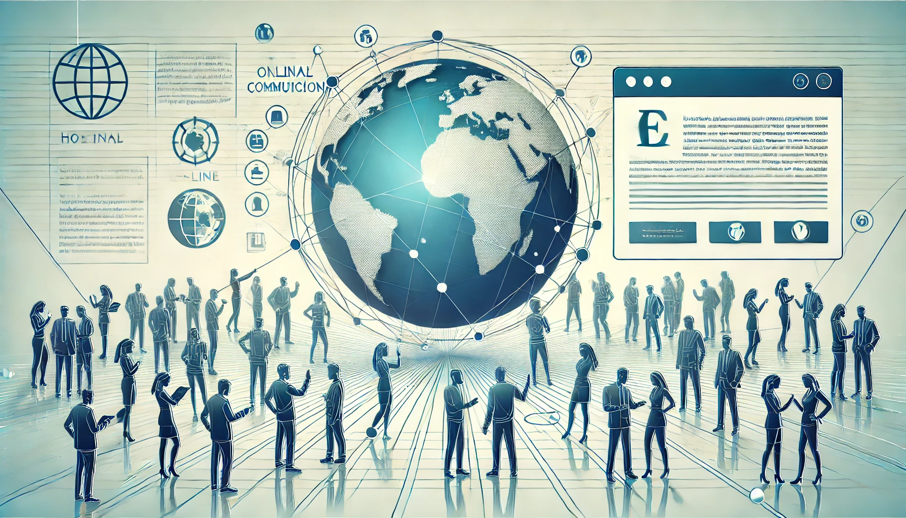 A dynamic illustration showing a diverse group of people around the world discussing or pointing to a minimalist webpage on a digital globe. The webpage is depicted as simple with few text elements. The background includes subtle graphics of interconnected lines symbolizing global communication and online buzz. Horizontal layout (16:9 aspect ratio).