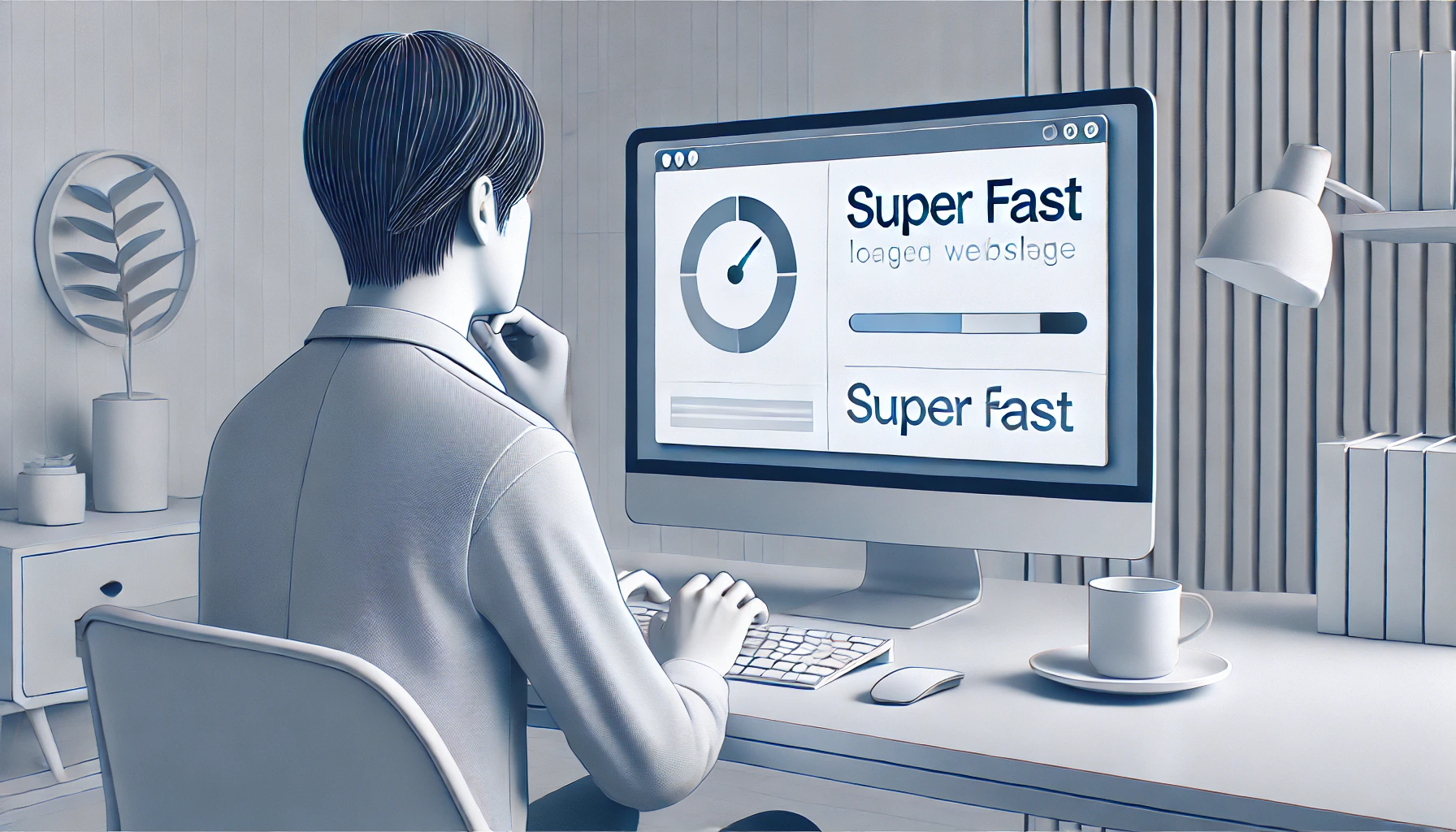 A minimalist and clean depiction of a Japanese man browsing a computer, showing a super fast-loading webpage on the screen. The background is a simple modern interior, with focus on the screen displaying a very basic yet functional webpage. The scene should convey the idea of speed and simplicity in the digital world, in a horizontal layout (16:9 aspect ratio).