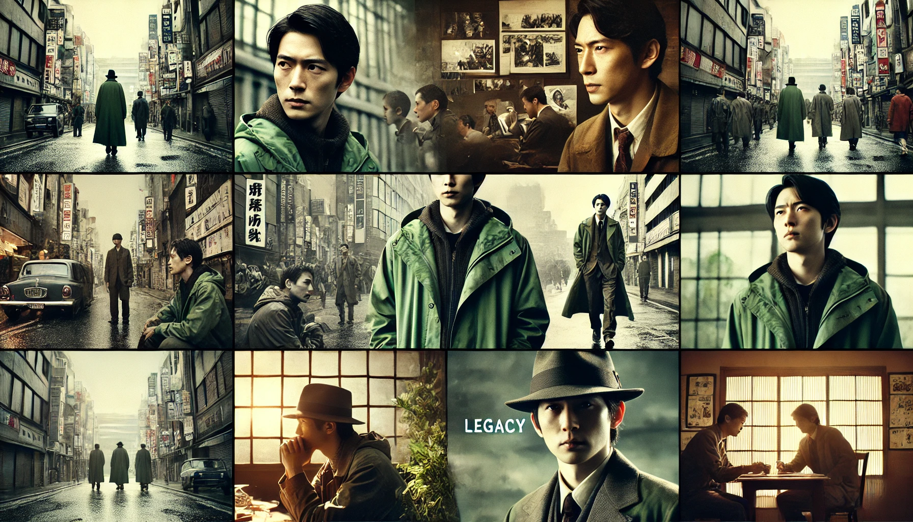 A cinematic montage featuring scenes from a Japanese detective movie series, showcasing a Japanese actor wearing a green lightweight jacket coat. The collage highlights key moments, urban backgrounds, and a legacy theme. (16:9 ratio)