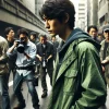 A scene illustrating behind-the-scenes drama in a Japanese detective movie, showing a Japanese actor wearing a green lightweight jacket coat. The atmosphere is tense, with visible conflict among team members. The setting is urban and cinematic. (16:9 ratio)