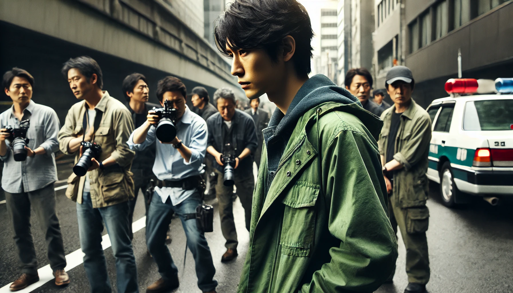 A scene illustrating behind-the-scenes drama in a Japanese detective movie, showing a Japanese actor wearing a green lightweight jacket coat. The atmosphere is tense, with visible conflict among team members. The setting is urban and cinematic. (16:9 ratio)