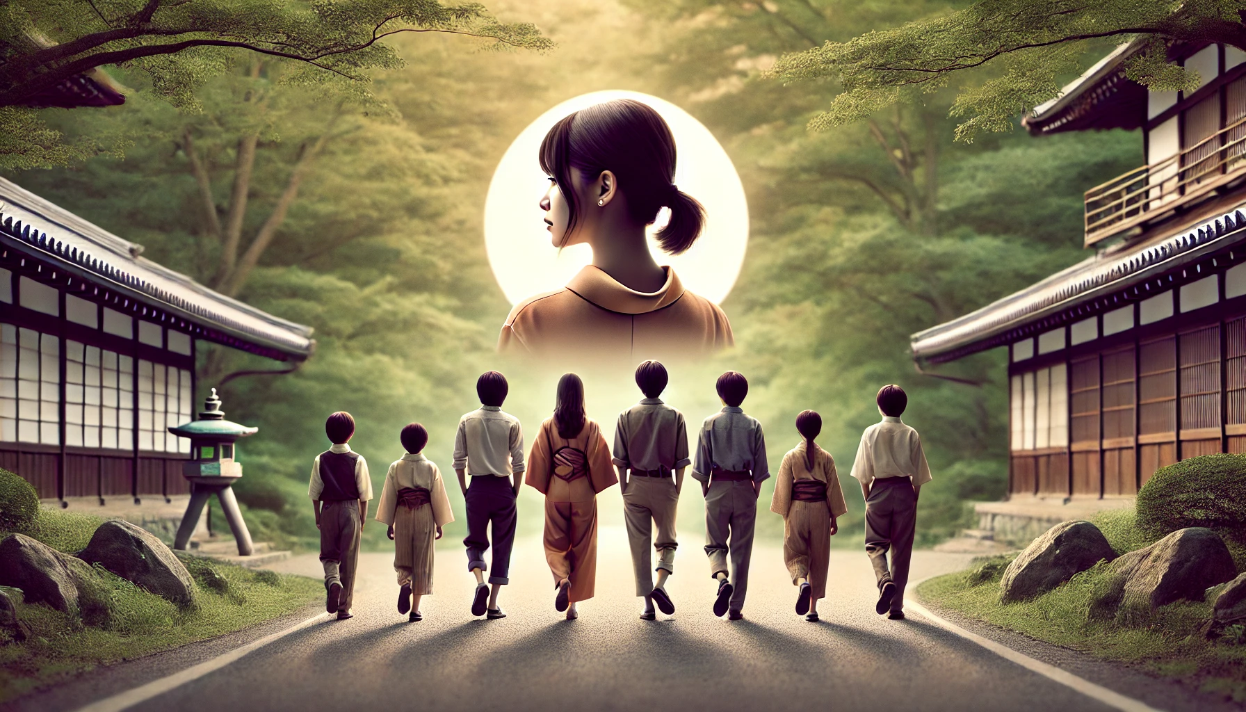 A symbolic photo of Ueto Aya, a Japanese celebrity, with her brothers showing only their backs, walking together along a serene pathway in a tranquil park. The composition highlights their unity and familial bond, set against a background of softly lit trees and a peaceful environment. The image is in a horizontal 16:9 format.