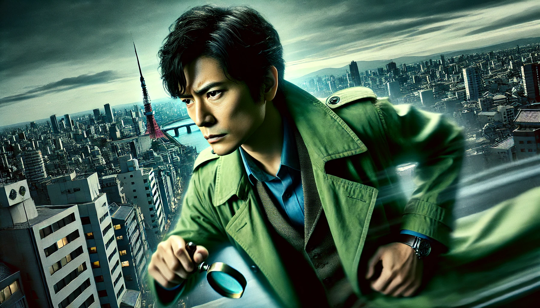 A Japanese actor wearing a green, lightweight jacket coat, portraying a detective in a movie setting, with a cityscape in the background, cinematic and dynamic composition. The actor appears intense, in mid-investigation. (16:9 ratio)