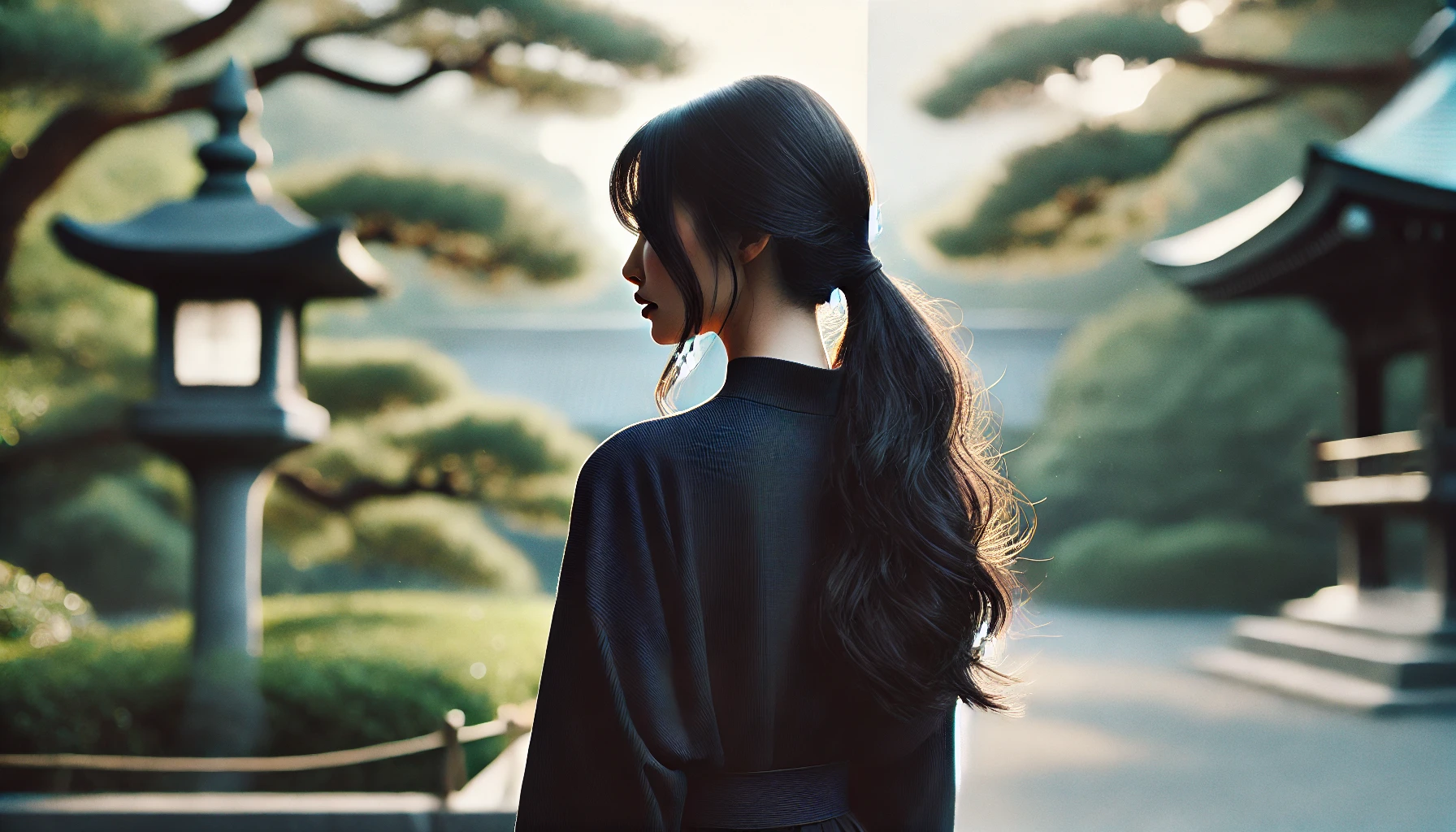 A photograph capturing the back view of a Japanese woman with long, elegant black hair wearing a stylish yet modest outfit. She stands outdoors in a serene setting, such as a park with soft sunlight filtering through trees, evoking a calm and private moment. The image is framed in a horizontal 16:9 aspect ratio.