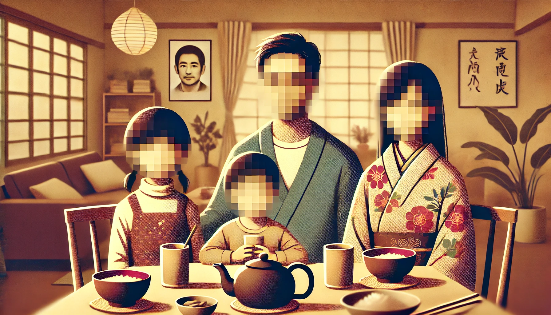 A family privacy-focused concept art representing a Japanese family. The illustration shows blurred faces and personal details obscured to emphasize their dedication to privacy. The setting is a cozy living room with a warm ambiance. Horizontal 16:9 aspect ratio.