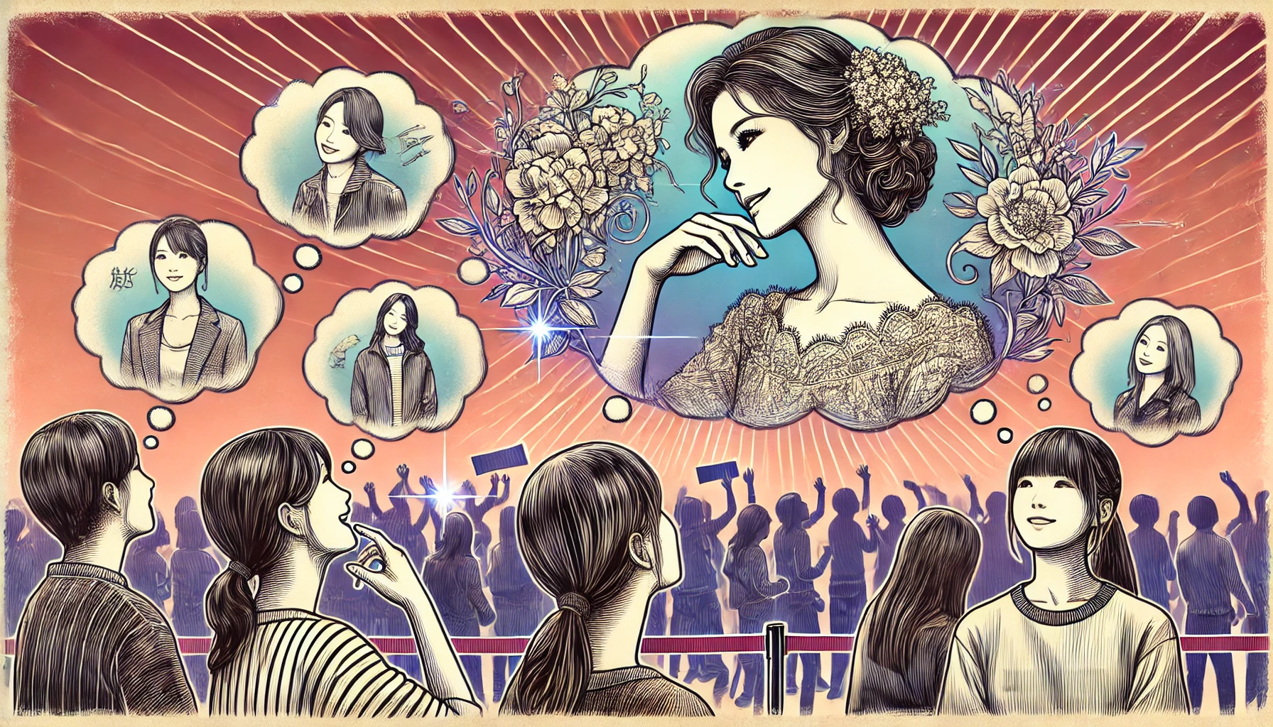 An imaginative illustration of fans imagining the beauty of a Japanese celebrity’s wife. The image captures dreamy thought bubbles with abstract hints of elegance and allure. The background is a fan gathering setting in a casual urban environment. Horizontal 16:9 aspect ratio.