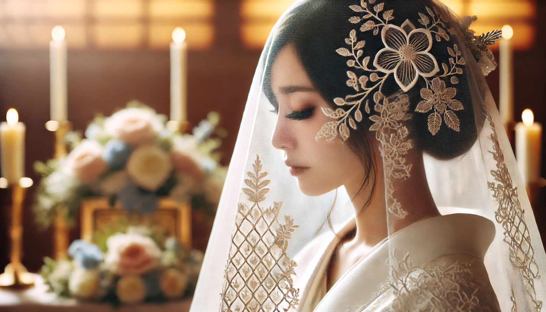 A photograph of a Japanese wedding scene with the bride's face partially concealed by a traditional wedding veil. The setting features a serene and elegant ceremonial atmosphere with subtle floral decorations. Horizontal 16:9 aspect ratio.