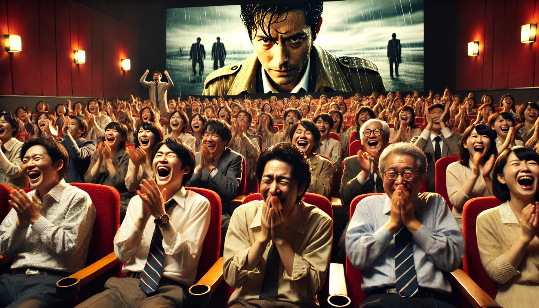 An emotional moment in a Japanese movie theater during the end credits, showing shocked and overjoyed fans reacting to a surprise appearance of a famous actor in a crime drama spin-off. The audience is captured clapping and smiling, with the screen in the background displaying dramatic visuals. Horizontal 16:9 aspect ratio.