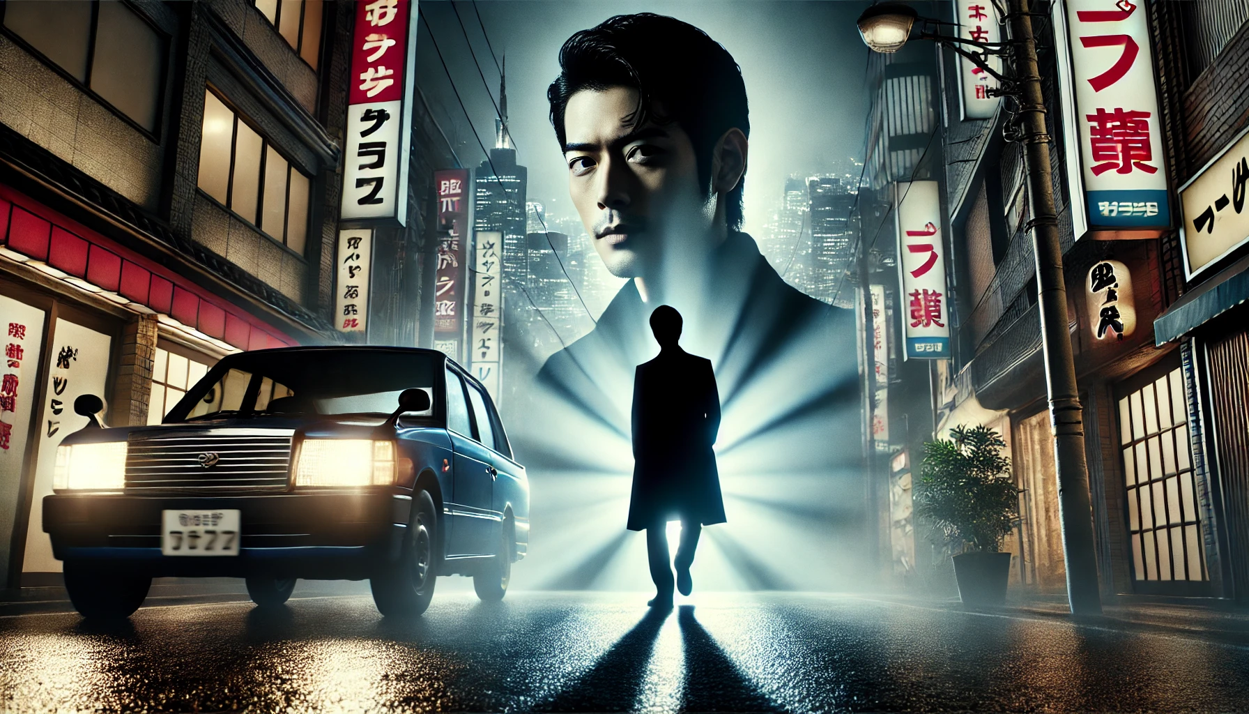 A suspenseful moment in a Japanese crime drama scene showing a silhouette of a famous Japanese actor making a surprise appearance. The backdrop is a dramatic urban landscape at night with neon lights and a shadowy figure emerging. Perfect for a dramatic reveal in a spin-off film. Horizontal 16:9 aspect ratio.