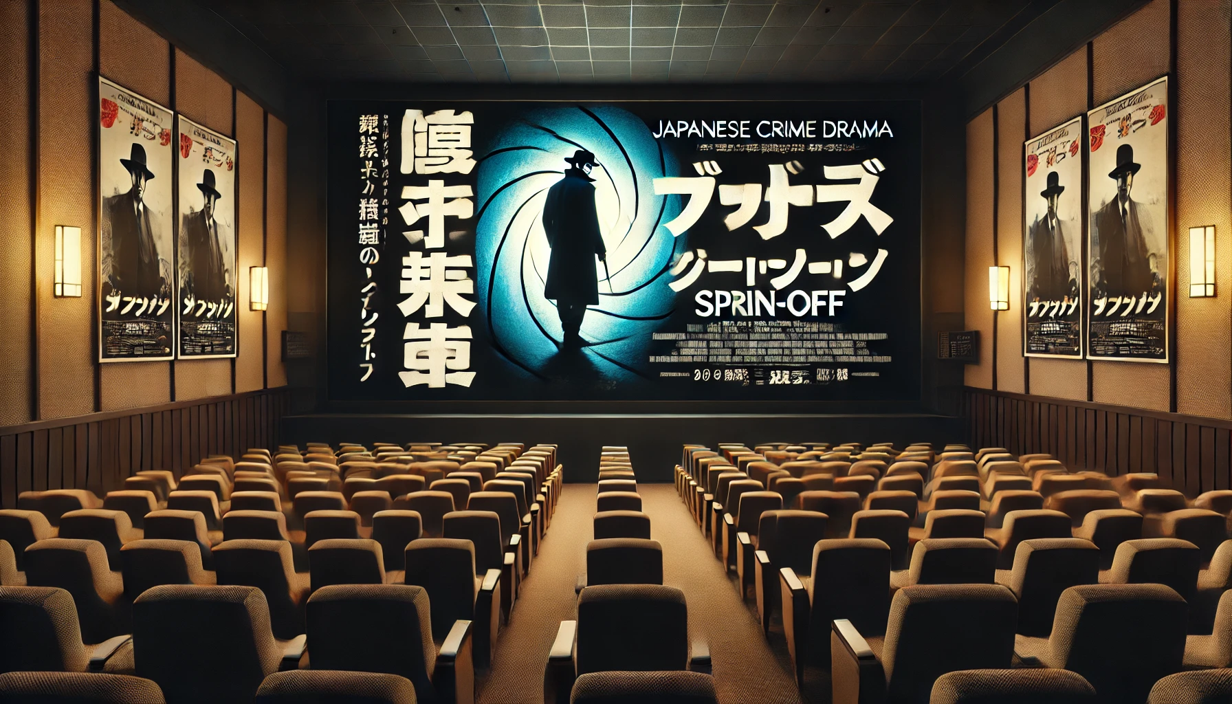 A Japanese movie theater interior with a large screen, dimly lit ambiance, and promotional posters for a Japanese crime drama spin-off film prominently displayed. The posters feature bold Japanese text and a silhouette of a mysterious figure walking away. Ideal for illustrating a movie about a famous actor not appearing in a spin-off. Horizontal 16:9 aspect ratio.