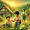 A nostalgic scene of Ueto Aya, a Japanese celebrity, with her brothers as children, playing together in a picturesque Japanese countryside, reminiscent of Okinawa’s Ishigaki Island. The setting includes traditional Okinawan houses, lush greenery, and a warm, sunny atmosphere, capturing their childhood memories. The image is in a horizontal 16:9 format.